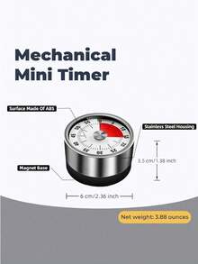1 pieza Temporizador mecánico con imán en la parte posterior, temporizador de cocina, temporizador de cocción, temporizador circular de acero inoxidable, temporizador de cuenta regresiva de 60 minutos, sin batería requerida, herramienta de recordatorio de tiempo de cocina, adecuado para cocina, cocción, gimnasio, aula, oficina, restaurante, hornear, etc. - Blanco - Ver 4