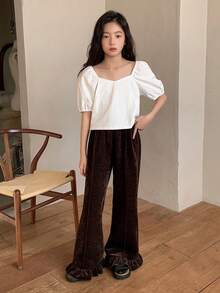 DAZY Tween Girl Solid Color Backless Bow Decor Casual Short Sleeve Blouse - White - View 7