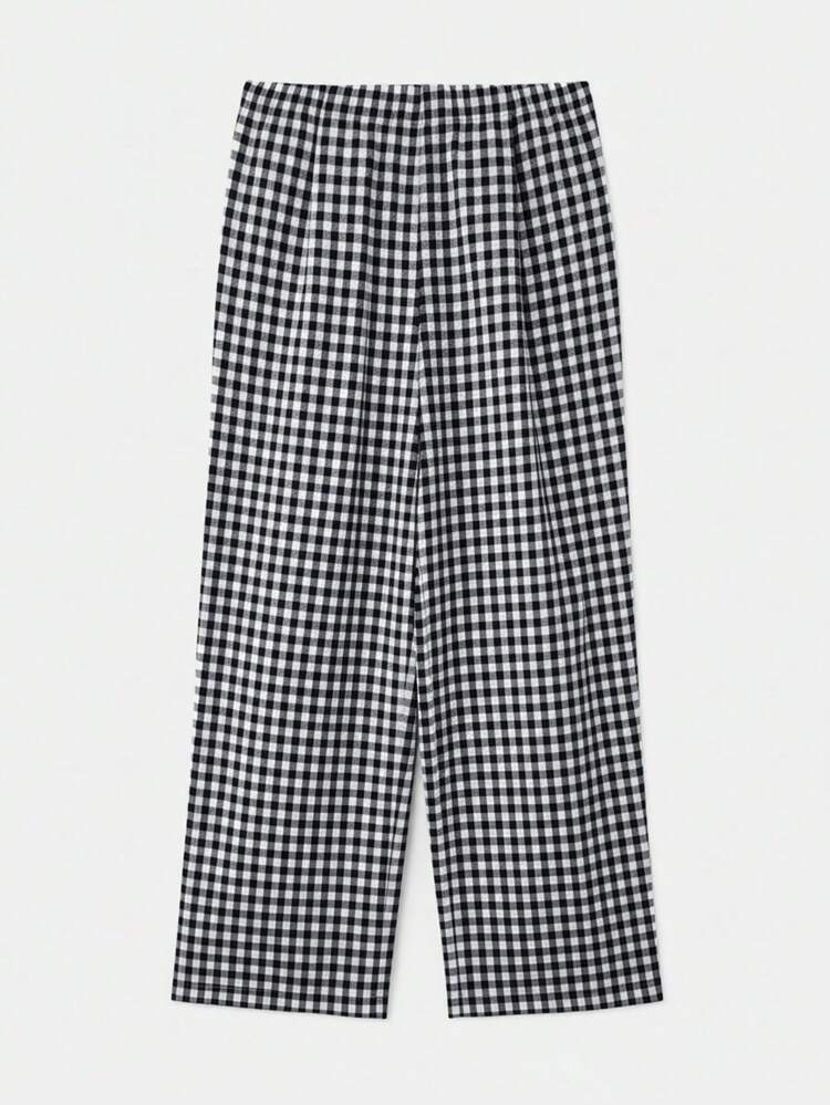 Zielone spodnie w kratkę Gingham z szerokimi nogawkami i uroczym stylem vintage
