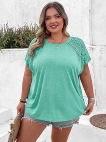 SHEIN CURVE+ Plus Size Color Block Lace Splicing Short Sleeve T-Shirt, Suitable For Beach Vacation In Summer Boho Vacation - Green - View 5