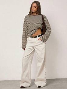 SHEIN BAE 女士休闲宽松条纹落肩T恤，春秋季 - 棕色 - 查看 6