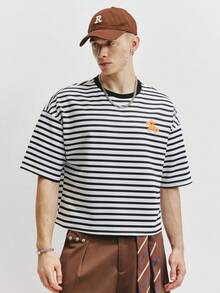 TOKVUE 男士落肩短袖条纹休闲宽松印花T恤，夏季 - 黑與白 - 查看 2