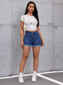 SHEIN ICON Women's Fruit Embroidered Frayed Hem Loose Denim Shorts - Medium Wash - View 4