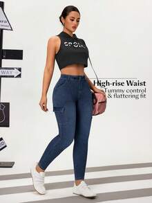 Flexra Jeans casuales y versátiles de cintura alta con bolsillos cargo para mujer - Azul lavado medio - Ver 4