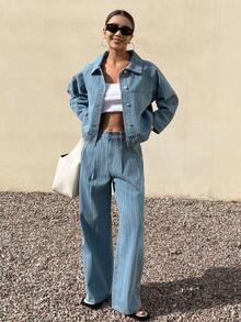 Livesso Women's Casual Textured Striped Blue Denim Shirt Top And Straight Leg Pants Set, Loose Fit Fashion Vacation Street Style Jacket Outfit, Spring/Summer - Light Wash - View 2
