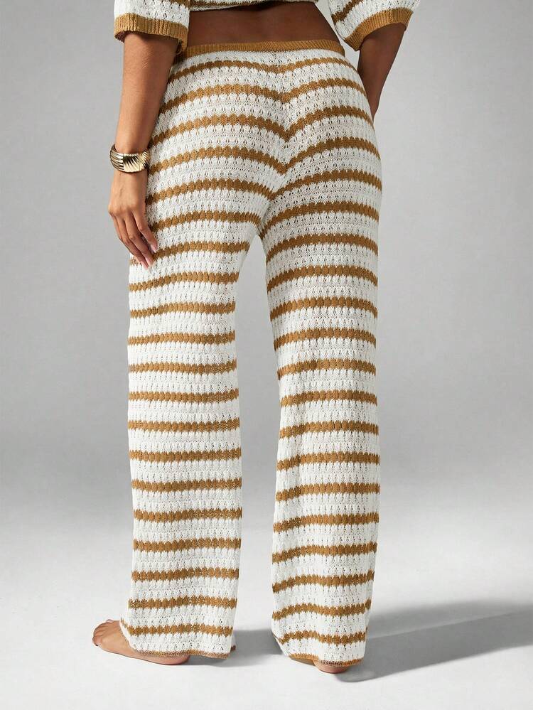 MISSGUIDED Crochet Horizontal Striped Wide Leg Knit Pants With Drawstring Waist For Casual Lounge Beach Vacation Fall Winter