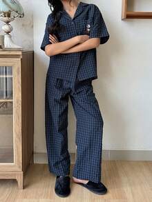 DAZY 少女卡通熊条纹短袖纽扣上衣和长裤睡衣套装 - 藏蓝色 - 查看 7