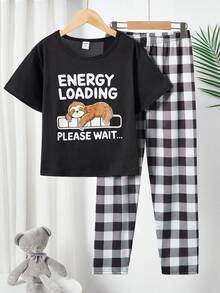 2pcs/Set Teenage Boys' Black Short Sleeve Top And Plaid Pants Casual Pajama Set - Black - View 3