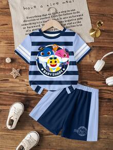 BABY SHARK X SHEIN 男童卡通印花短袖T恤套装 - 白色 - 查看 1