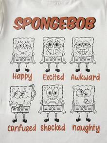 SpongeBob SquarePants | SHEIN 男童休闲拼接条纹卡通图案长袖T恤，秋季款 - 白色 - 查看 8