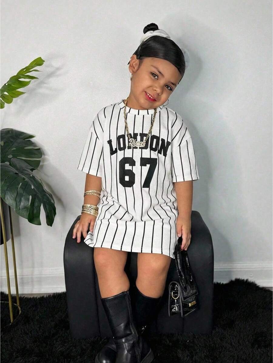 Young Girl New Spring/Summer Casual Street Style Round Neck Sleeveless 67 Logo Striped Pattern Comfortable Loose Knit Dress - White - View 1