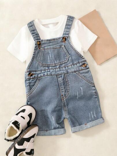 SHEIN Toddler Boys' Korean Style Casual Cute Versatile Blue Washed Denim Bib Pants (Pants Only)