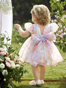 Cute & Elegant Princess Dress, Colorful Organza Bow Short Sleeve Dress, Formal Outfit - Multicolor - View 6