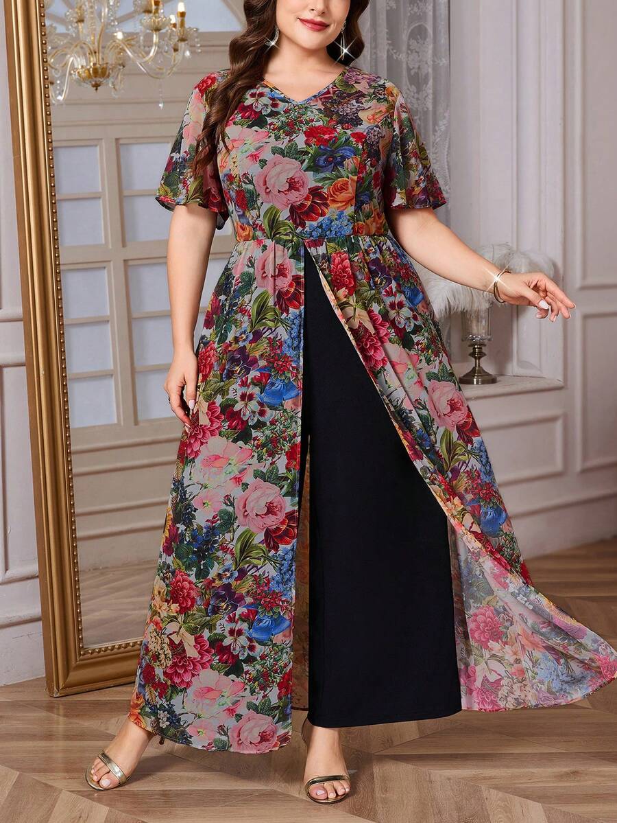 Reflora Damen Große Größen Blumenmuster V-Ausschnitt Rüschen Kurzarm Weites Bein Jumpsuit, Schwarz, Sommer, Elegant, Formal, Abend, Hochzeitsgast Bohemian Strand Outfits