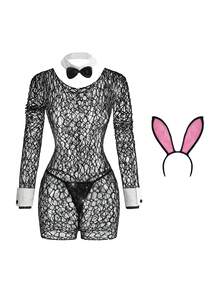 Spicy Aura 3pcs Bunny Waitress Costume,Sheer Stretchy Glittery Rhinestone Black Summer Sexy Club Rave Ladies Roleplay Outfit Lingerie For Women Cosplay - Black - View 8