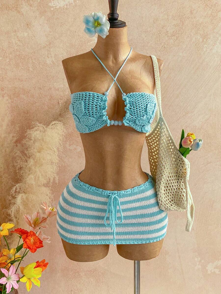 Soleia Women's Solid Color Halter Tie Backless Knit Top And Drawstring Waist Knit Mini Skirt Sexy 2-Piece Set For Vacation & Date - Blue - View 1