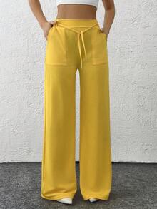 EURMUSE Women Patch Pocket And Wide Leg Detailed Sweatpants - Light Yellow - View 1