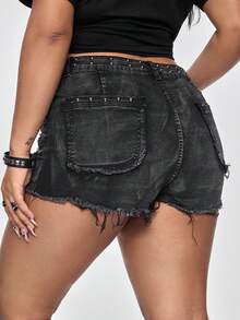 ROMWE J-Fashion Spring/Summer Plus Size Women Y2K Vintage Subculture Distressed Studded Pearl Decor Ripped Bodycon Denim Mini Skirt - Black - View 3