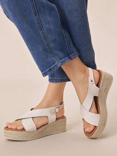  Styleloop Women's Fashion Solid Color Woven Casual Platform Wedge Sandals, Bohemian Vacation Retro Vespa Canvas Wedge Heel Ankle Strap Sandals, Spring Summer Shoes Spring Break Easter