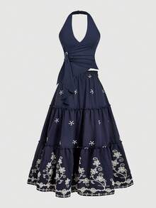 SHEIN MOD 波西米亚镂空刺绣多层半身裙，70年代复古风，适合花园茶会、约会、派对等场合，是女士春夏沙滩装的理想之选。吊带设计，波西米亚风情，适合春假穿着。藏蓝色刺绣长款半身裙，花卉图案，波西米亚风格，高腰设计，飘逸灵动，艺术感十足，触感柔软细腻，弹性腰带，A字裙摆，轻盈透气，复古灵感，优雅民族风图案，质感面料，休闲优雅，层叠裙摆，魅力十足。适合夏季假期、度假、嘉年华、情人节、女士情人节、夏季、春假等场合。 - 藏蓝色 - 查看 6