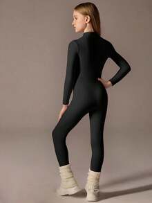Tween Girls Black Half-Zip Jumpsuit, Long Sleeve With Long Pants, High Stretch Fitted Turtleneck Jumpsuit - Black - View 2
