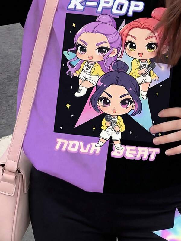 2pcs/Set Tween Girls' Casual Cartoon Print Short Sleeve T-Shirt And Shorts Set, Suitable For Summer