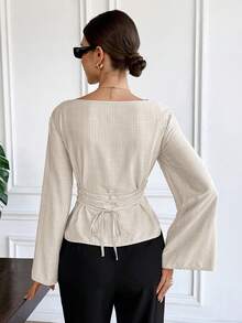 Serisse Women's Elegant Long Sleeve Blouse – Minimalist Boat Neck Cinched Waist Top Women's Boat Neck Dropped Shoulder Long Sleeve Ruched Waist Fashion Blouse,Summer ,Spring,Valentine's Day,Party,Wedding,Ceremony,Elegant ,Vacation,Casual, Formal, - Apricot - View 2