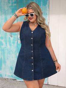 EMERY ROSE EMERY ROSE Neue Damen Jeans-Kleid in Große Größen, V-Ausschnitt, Einreiher, Casual, ärmelos, tailliert, A-Linie Denim Kleid, dunkelblau. Geeignet für Casual-Urlaub, Ausflüge, Strandmode und Musikfestivals. Sommer-Strandurlaubs-Outfits für Frauen, Geburtstags-Outfits für Frauen, Urlaubs-Outfits für Frauen in Große Größen, Denim Kleid für Kurven, Casual-Kleid in Große Größen, Denim Kleid mit Knöpfen, Büromode für Frauen, Denim Kleid für Frauen, Denim Kleid für Frauen, Sommer-Kleider für Frauen, Casual-Kleider für Frauen, Sommer-Denim Kleid für Frauen, Kurven - Dunkle Waschung - Übersicht 7