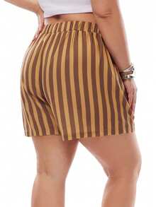 Solavibe Quần short nữ cỡ lớn, cạp chun, cài nút trang trí, dáng chữ A, họa tiết kẻ sọc, thích hợp cho mùa xuân/hè. - Nhiều màu - Xem 2