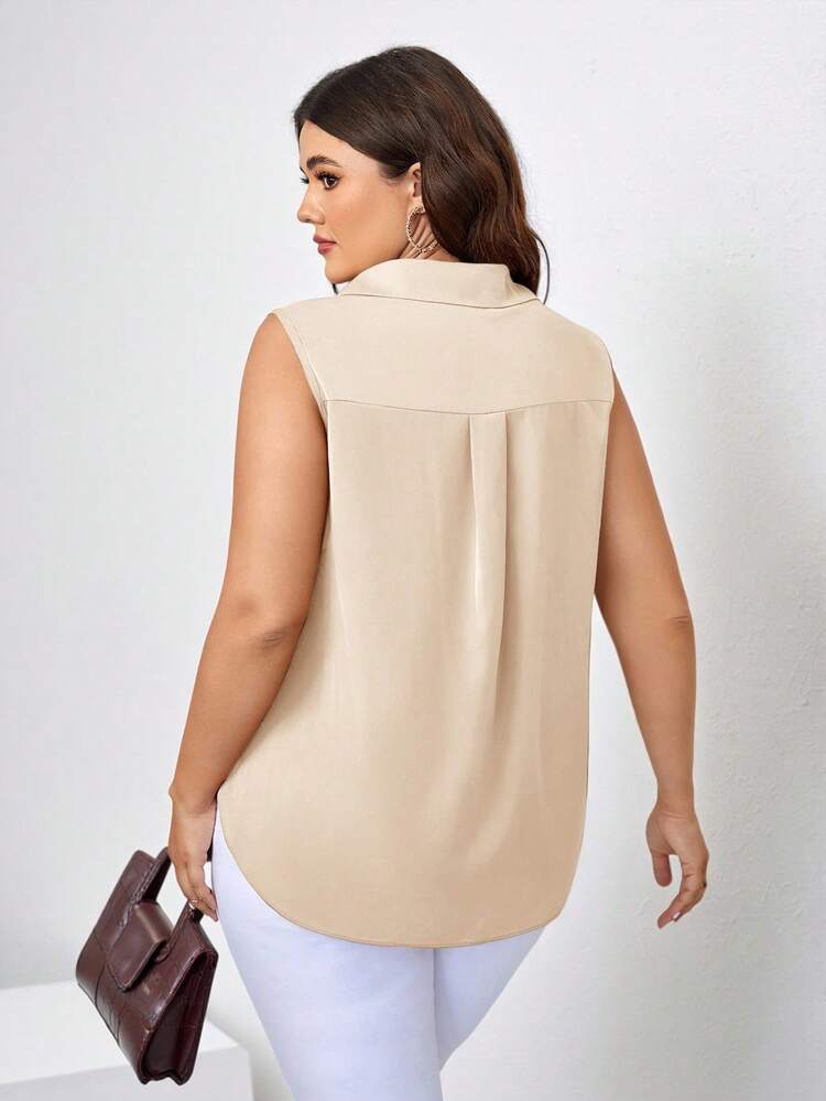 SHEIN Clasi Áo sơ mi nữ cỡ lớn không tay màu trơn, kiểu dáng thường ngày, áo mùa hè, áo sơ mi cài nút cỡ lớn, áo mùa hè cỡ lớn, áo không tay cỡ lớn, áo sơ mi nữ cỡ lớn. - Màu be - Xem 2