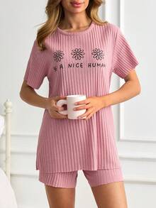 SHEIN 女士纯棉两件套罗纹针织粉色撞色字母圆领短袖衬衫和短裤家居服舒适休闲睡衣套装 - 粉色 - 查看 5