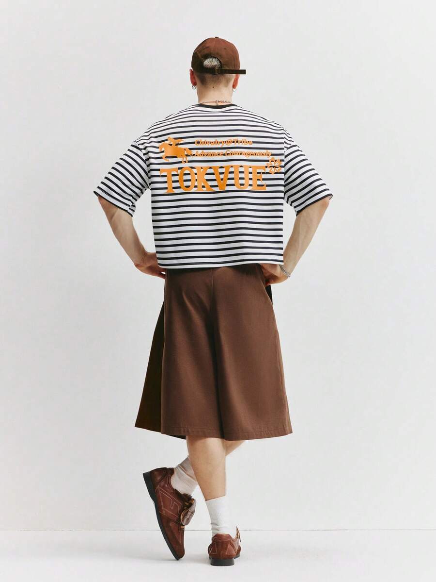 TOKVUE 男士落肩短袖条纹休闲宽松印花T恤，夏季 - 黑與白 - 查看 1