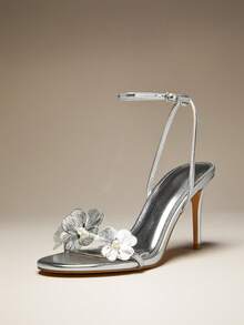 SHUZIA 女士花朵装饰细高跟日常聚会性感优雅金属 PU 高跟凉鞋 - 銀色 - 查看 5
