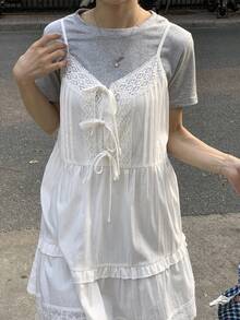 DAZY Women's Solid Color Lace Patchwork Knotted Ruffle Hem Camisole Summer Easter - White - View 2