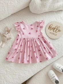SHEIN 新生女宝宝可爱休闲假日蝴蝶结条纹短袖连衣裙 - 粉色 - 查看 3