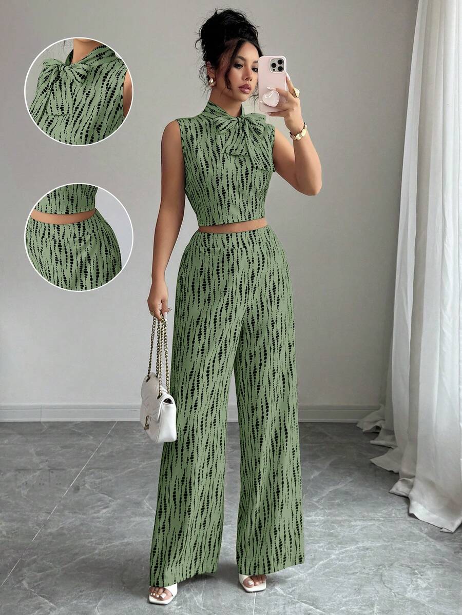 Elenzga Bộ 2 món thời trang thường ngày thanh lịch với thiết kế nơ cổ áo dành cho nữ. - màu xanh lá - Xem 1