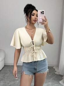 Elenzga Elegant,Effortless Chic Cream White Women's Blouse,Deep V-Neck Ruffled Sleeves Front Knotted Hem Casual Summer Top For Vacation - Apricot - View 7