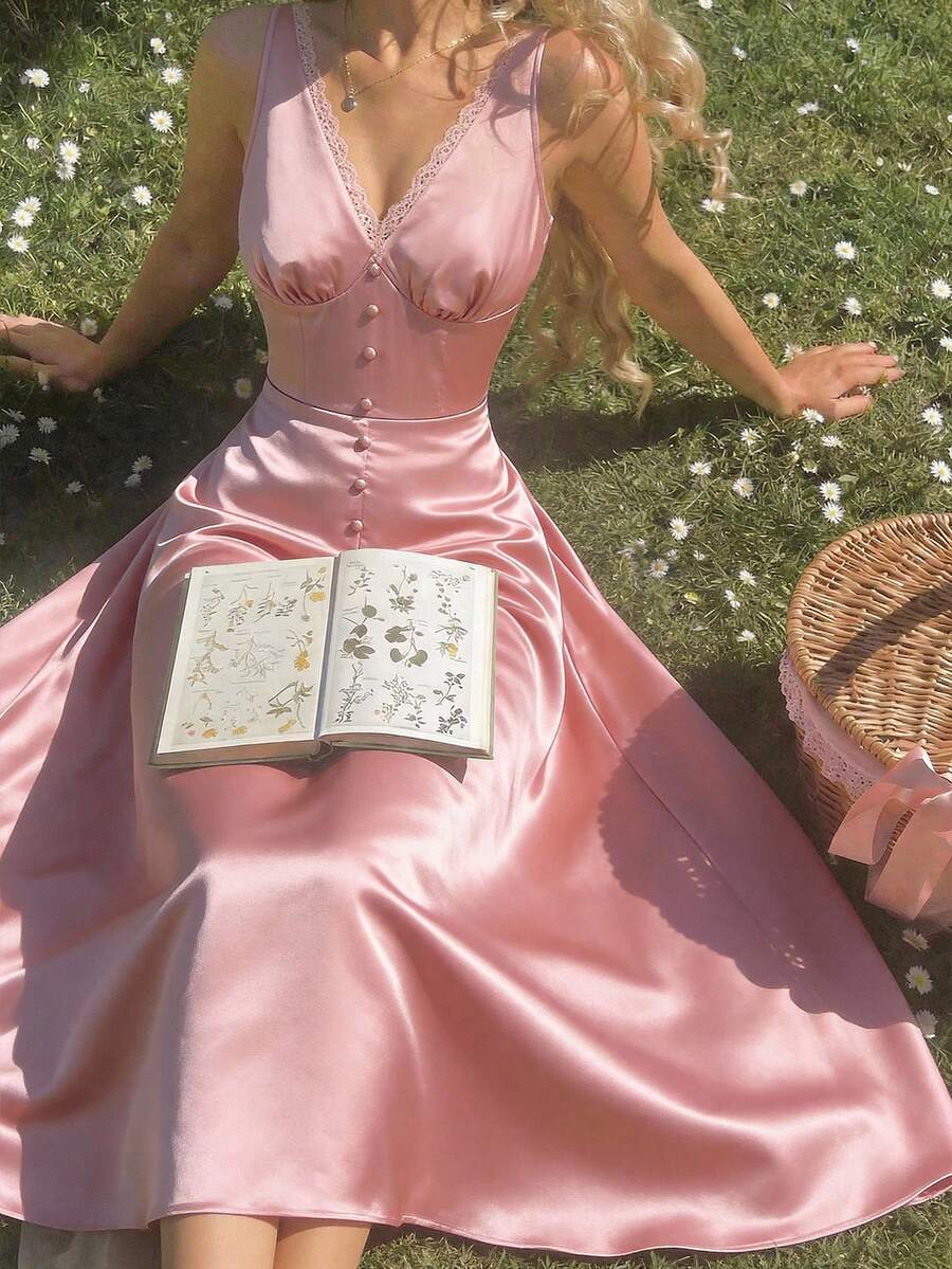 SHEIN MOD 梦幻浪漫粉色缎面修身喇叭连衣裙，前后V领设计，弹力面料，露背蕾丝边饰——适合花园茶会、约会、派对、女士春夏装、春假、度假、野餐、节日、生日等场合。 - 粉色 - 查看 1