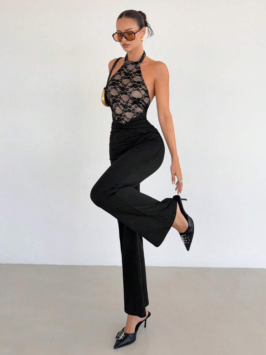 Siren Gaze 黑色蕾丝边露背吊带连体裤 - 黑色 - 查看 1