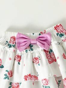 SHEIN 3pcs Baby Girl Sweet Floral Print Bodysuit, Flutter Sleeve Bodysuit, Bowknot Skirt & Headband Set, Summer - Purple - View 8