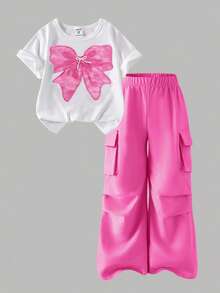 SHEIN ChillGRL Bộ 2 chiếc/Bộ áo phông thêu nơ thường ngày cho bé gái tuổi teen và quần túi hộp, trang phục xuân/hè - Màu Hồng Tươi - Xem 4