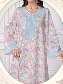 SHEIN Najma Đầm maxi dài tay cổ chữ V họa tiết hoa nhí, đầm dài hoa mùa xuân/hè dành cho nữ, kiểu dáng Ả Rập thanh lịch, thích hợp cho kỳ nghỉ, du lịch và mặc hàng ngày. - Nhiều màu - Xem 4