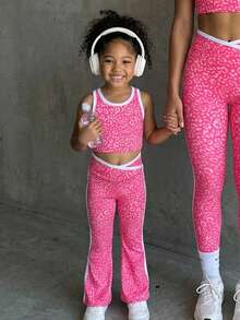 SHEIN 女童粉色豹纹背心和裤子套装，高弹面料 - 粉色 - 查看 3