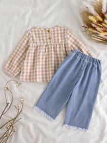 Vintaside Kids Bộ đồ bé gái gồm áo dài tay cổ tròn kẻ caro thêu hoa và quần jean rách, kiểu dáng thường ngày và đi nghỉ mát, thích hợp cho bé gái mặc hàng ngày và đi nghỉ mát. - Màu Khaki - Xem 3