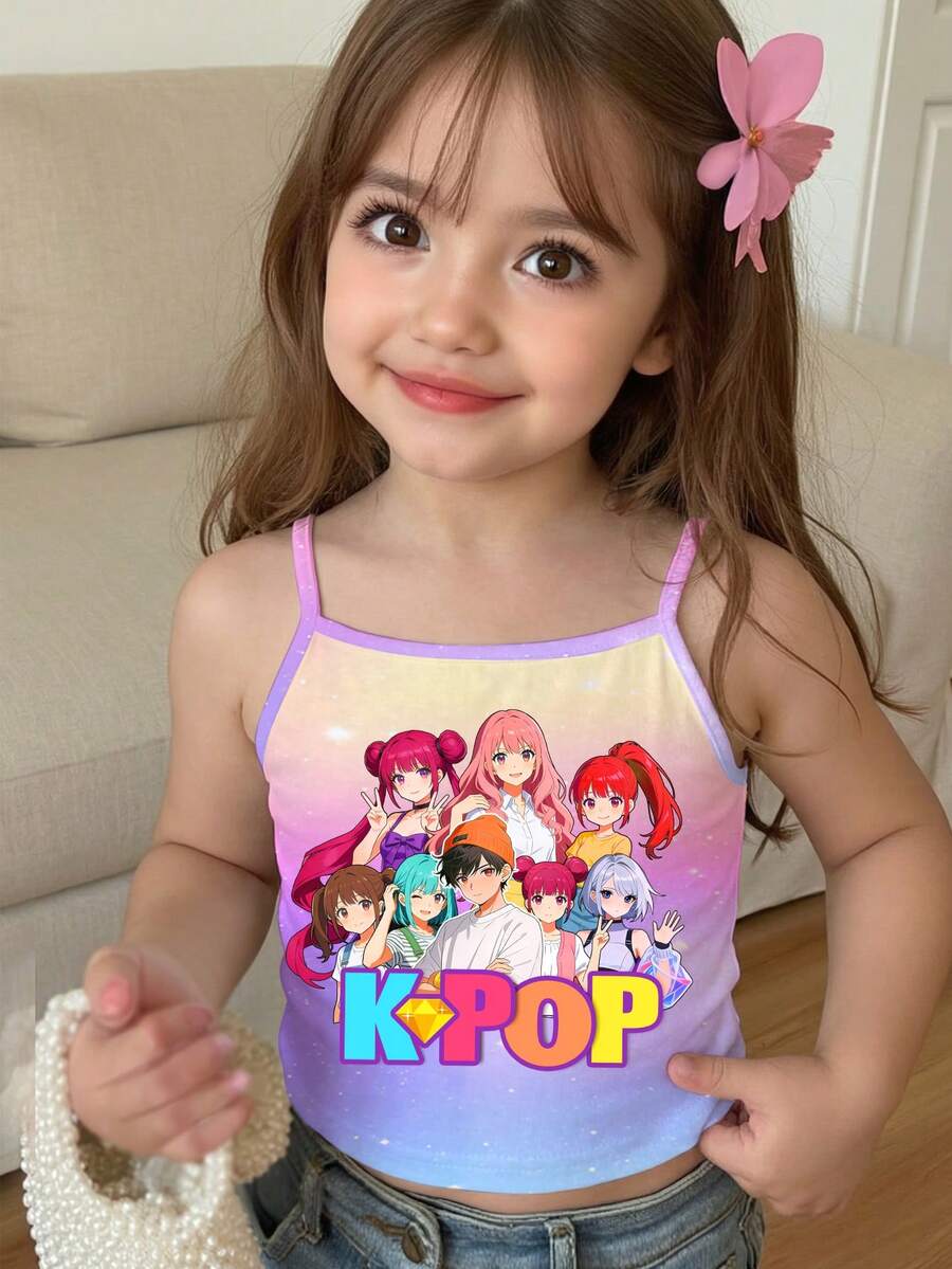 SHEIN 时尚酷炫的少女风彩色韩流女团字母星星印花服装，韩流风格印花T恤，卡通人物，扎染，韩流粉丝礼物，音乐，男女童装，兄妹装 - 彩色 - 查看 1