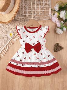 SHEIN 可爱女宝宝樱桃印花，甜美蝴蝶结卡通印花时尚长袖连衣裙，适合秋冬季、春夏穿着，波点图案，舒适夏季风格，红色连衣裙，Y2K风格，度假风 - 彩色 - 查看 3