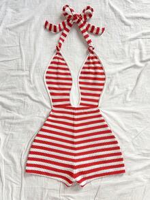 Soleia 女士度假白色针织仙女褶皱纹理深V领系带连体裤，修身剪裁，适合派对、圣诞节、约会、夜店、波西米亚风、度假、秋季等场合 - 紅白色 - 查看 2