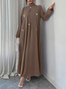 Yasmyna Women's Stand Collar Raglan Sleeve Loose Arabic Style Dress - Coffee Brown - View 3