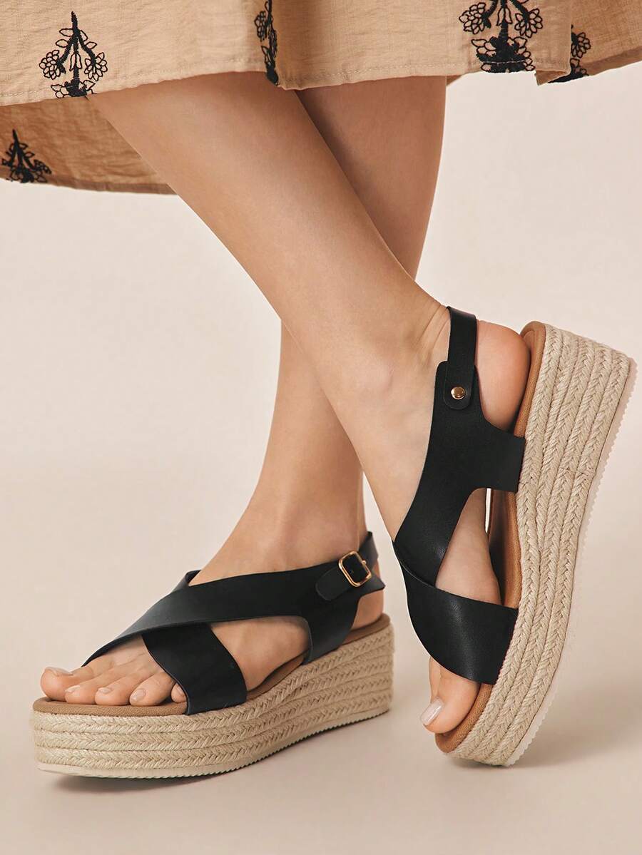 Styleloop Women's Fashion Solid Color Woven Casual Platform Wedge Sandals, Bohemian Vacation Retro Vespa Canvas Wedge Heel Ankle Strap Sandals, Spring Summer Shoes Spring Break Easter Holiday Travel Essential Boho Cowgirl Outfit Coachella - Black 1 - View 1