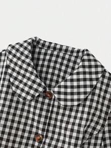 lacRébo Chaqueta de manga corta con botones y cuello redondo de cuadros verdes, estilo vintage. - Negro - View 9